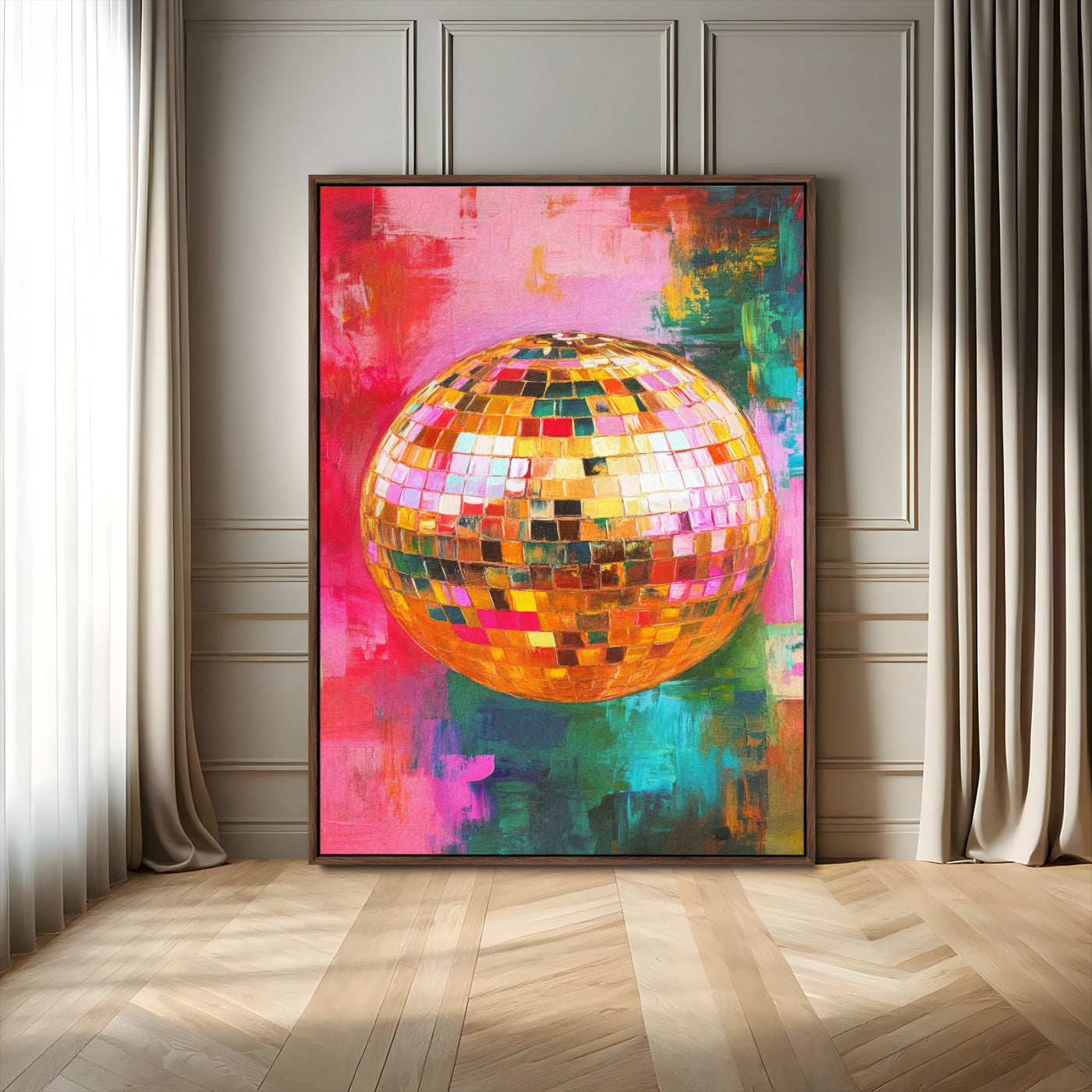93291679-MGV-FC-24X36_Walnut-Modern Wall Art – Golden Disco Ball Canvas Print, Colorful Abstract Pop Art Painting Decor for Bedroom, Living Room, Office, Music