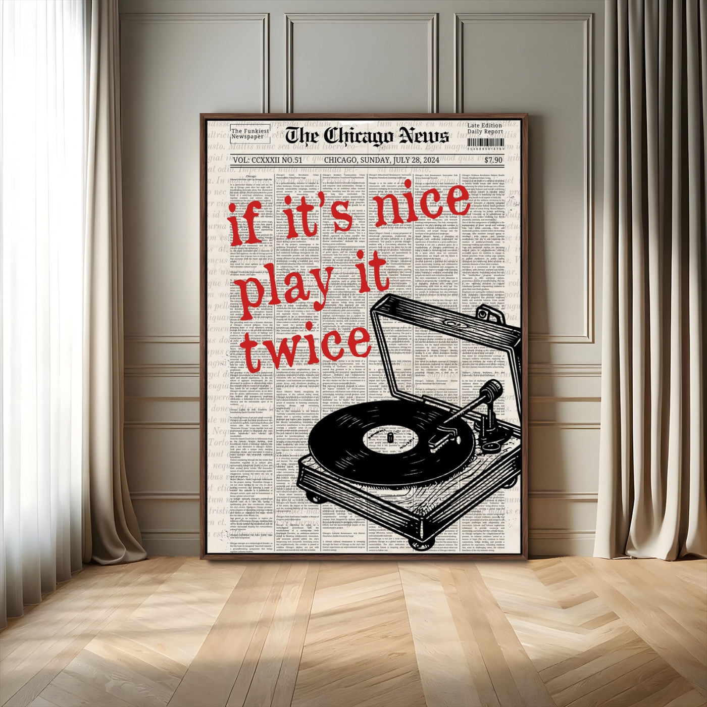 58559195-MGV-FC-24X36_Walnut-Retro Music Wall Art – Vintage Record Player Canvas Print with Typography Quote, Funky Newspaper Style Decor for Bedroom, Living