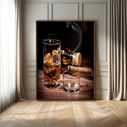 13274-MGV-FC-24X36_Walnut-Whiskey Glass Wall Art Canvas Print, Framed Smoking Cigar Art Picture Print, Amber Whiskey Perfect Masculine Rustic Decor Artwork