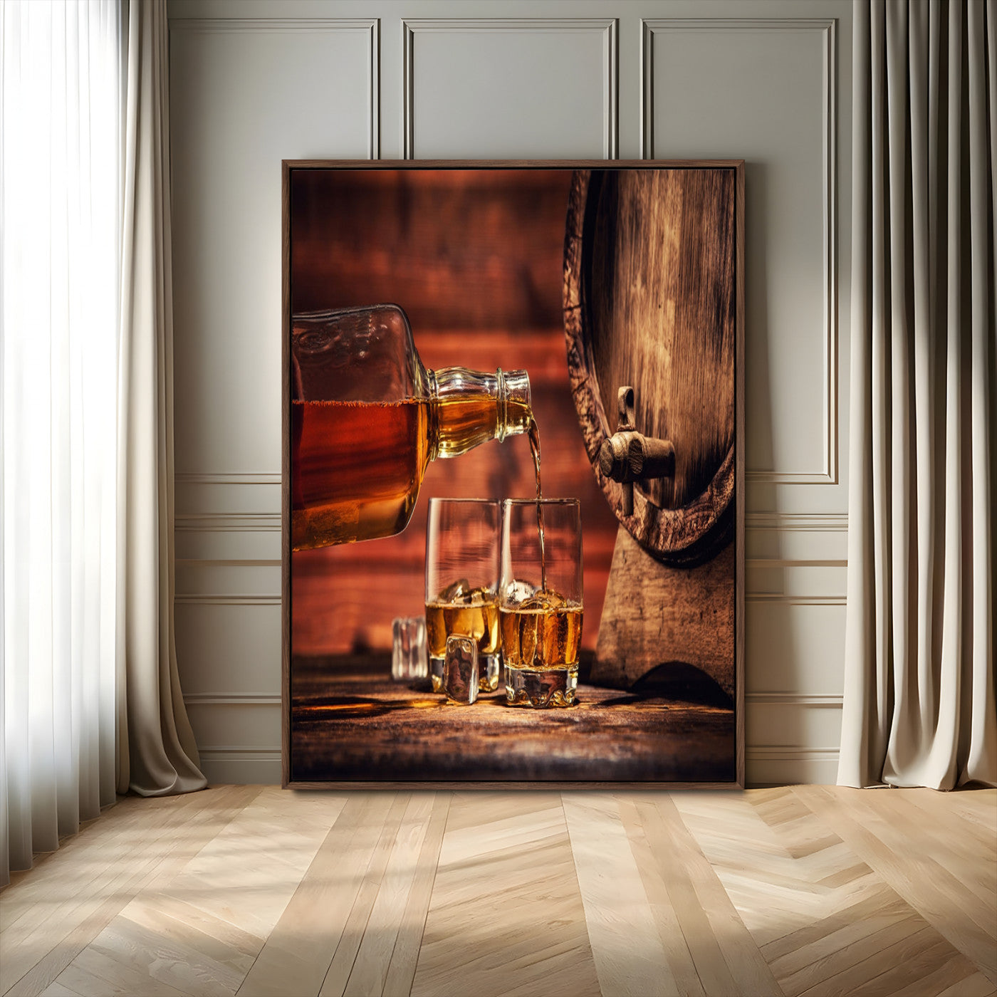 88529-MGV-FC-24X36_Walnut-Whiskey Bottle Wall Art Canvas Print, Framed Amber Liquor Art Picture Print, Rustic Barrel Perfect Rustic Vintage Decor Artwork