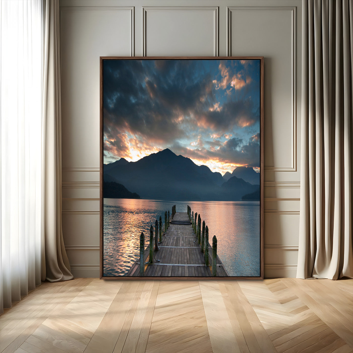 16043-MGV-FC-24X36_Walnut-Mountain Lake Wall Art Canvas Print, Framed Sunset Reflection Art Picture Print, Calm Horizon Perfect Moody Nature Decor Artwork