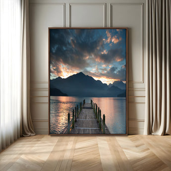 16043-MGV-FC-24X36_Walnut-Mountain Lake Wall Art Canvas Print, Framed Sunset Reflection Art Picture Print, Calm Horizon Perfect Moody Nature Decor Artwork