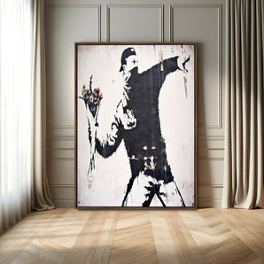 64032-MGV-FC-24X36_Walnut-Flower Thrower Wall Art Canvas Print, Framed Urban Protest Art Picture Print, Graffiti Style Perfect Urban Contemporary Decor