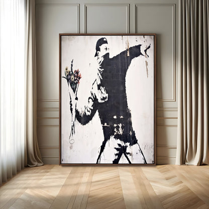 64032-MGV-FC-24X36_Walnut-Flower Thrower Wall Art Canvas Print, Framed Urban Protest Art Picture Print, Graffiti Style Perfect Urban Contemporary Decor