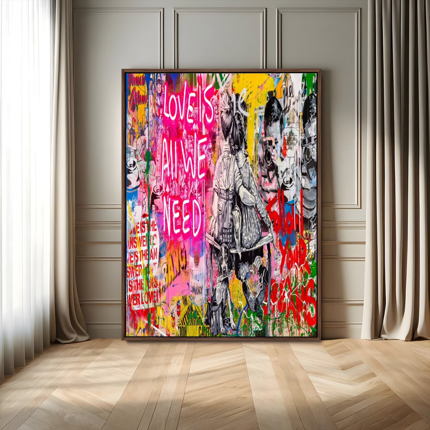 23129-MGV-FC-24X36_Walnut-Street Love Wall Art Canvas Print, Framed Pop Graffiti Art Picture Print, Neon Lettering Perfect Urban Pop Decor Artwork