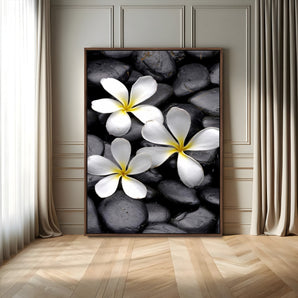 45657-MGV-FC-24X36_Walnut-Large Wall Art White Flowers on Black Zen Meditation Stones Vertical Canvas Print