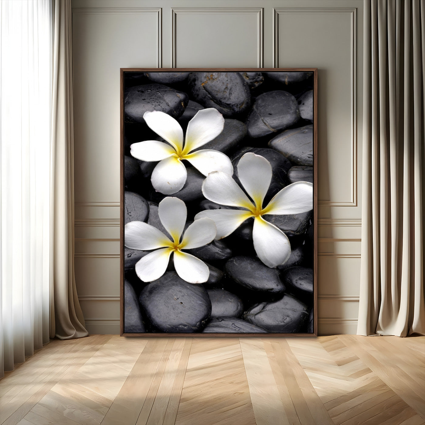 45657-MGV-FC-24X36_Walnut-Large Wall Art White Flowers on Black Zen Meditation Stones Vertical Canvas Print