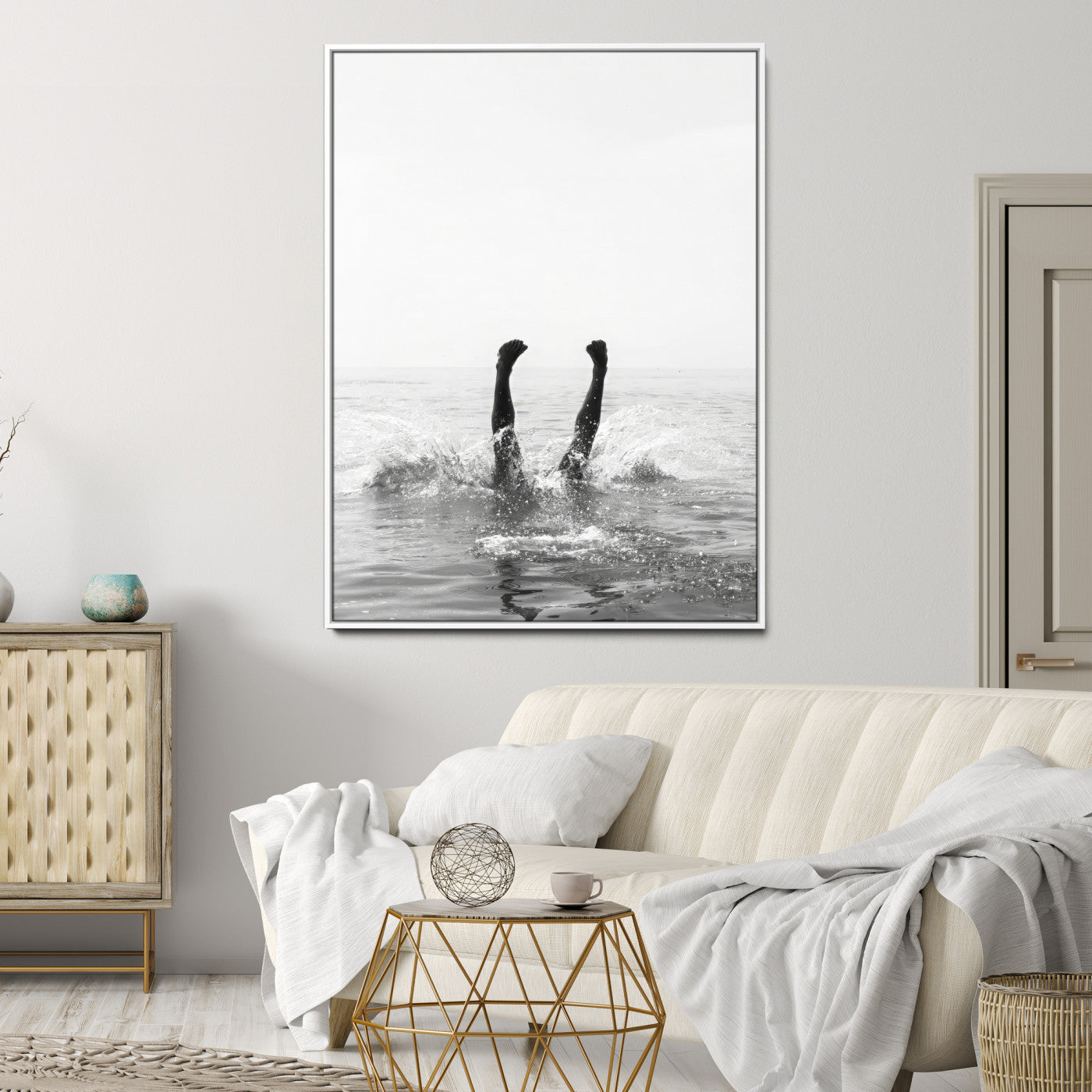 43900465-MGV-CV-24X36-Minimal Ocean Wall Art Canvas Print, Framed Monochrome Diving Art Picture Print, Swimmer in Sea Perfect Minimalist Coastal Decor