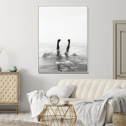 43900465-MGV-CV-24X36-Minimal Ocean Wall Art Canvas Print, Framed Monochrome Diving Art Picture Print, Swimmer in Sea Perfect Minimalist Coastal Decor