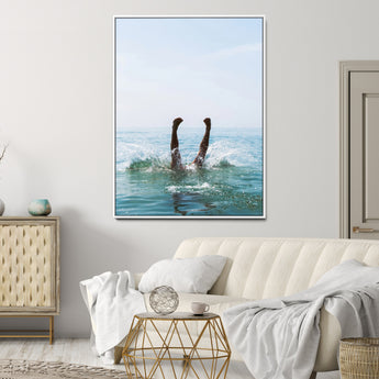14351555-MGV-CV-24X36-Ocean Splash Wall Art Canvas Print, Framed Playful Beach Art Picture Print, Coastal Summer Perfect Coastal Contemporary Decor