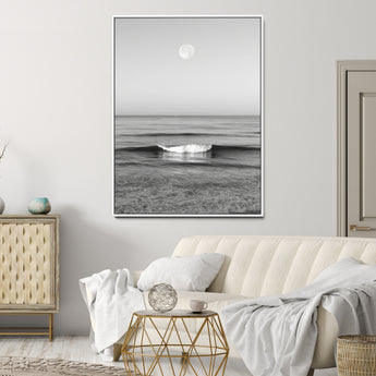 96234442-MGV-CV-24X36-Black White Ocean Scene Wall Art Canvas Print, Framed Full Moon Over Sea Art Picture Print, Tranquil Coastal Canvas Perfect
