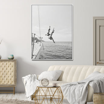 74555508-MGV-CV-24X36-Black White Sailing Wall Art Canvas Print, Framed Ocean Adventure Art Picture Print, Summer Energy Perfect Modern Minimalism Decor