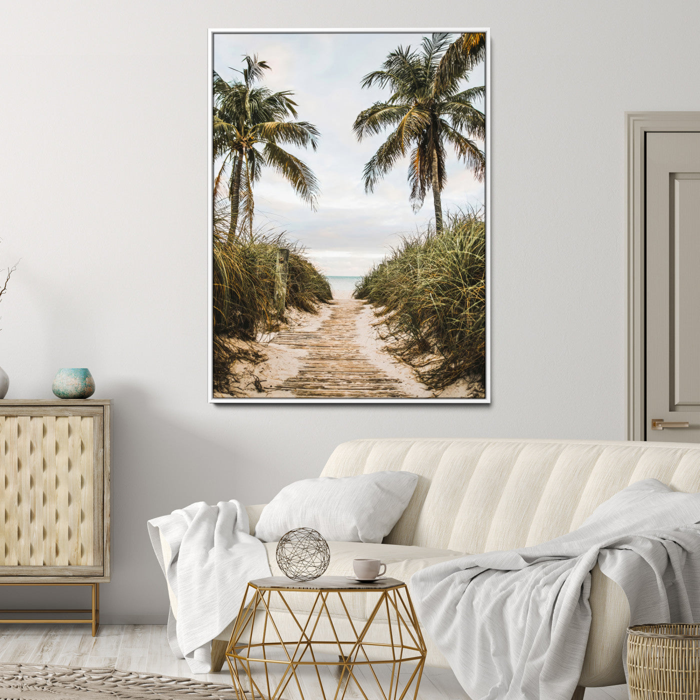 47319550-MGV-CV-24X36-Tropical Beach Wall Art Canvas Print, Framed Rustic Sand Art Picture Print, Palm Tree Perfect Tropical Coastal Decor Artwork