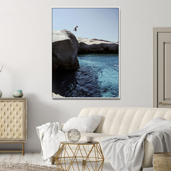 96853328-MGV-CV-24X36-Cliff Diving Wall Art Canvas Print, Framed Turquoise Sea Art Picture Print, Ocean Adventure Perfect Coastal Minimalist Decor