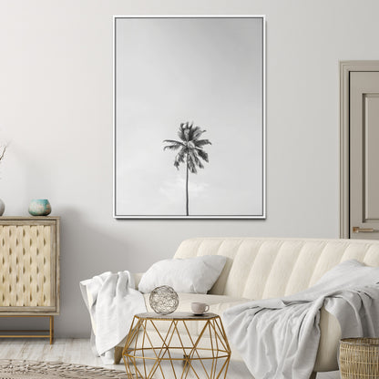 67263674-MGV-CV-24X36-Lone Palm Tree Wall Art Canvas Print, Framed Minimalist Tropical Art Picture Print, Monochrome Beach Perfect Modern Coastal