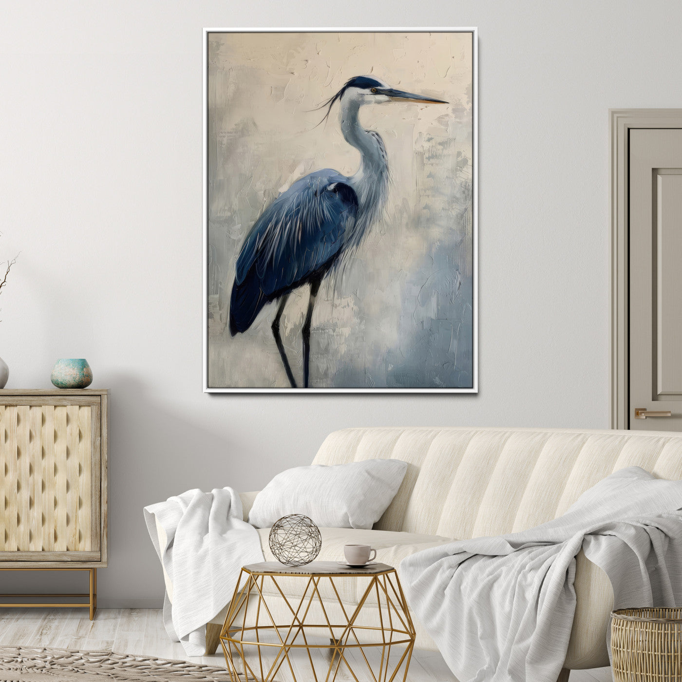 51380726-MGV-CV-24X36-Blue Heron Decor Wall Art Canvas Print, Framed Coastal Bird Design Art Picture Print, Minimal Heron Portrait Perfect Coastal