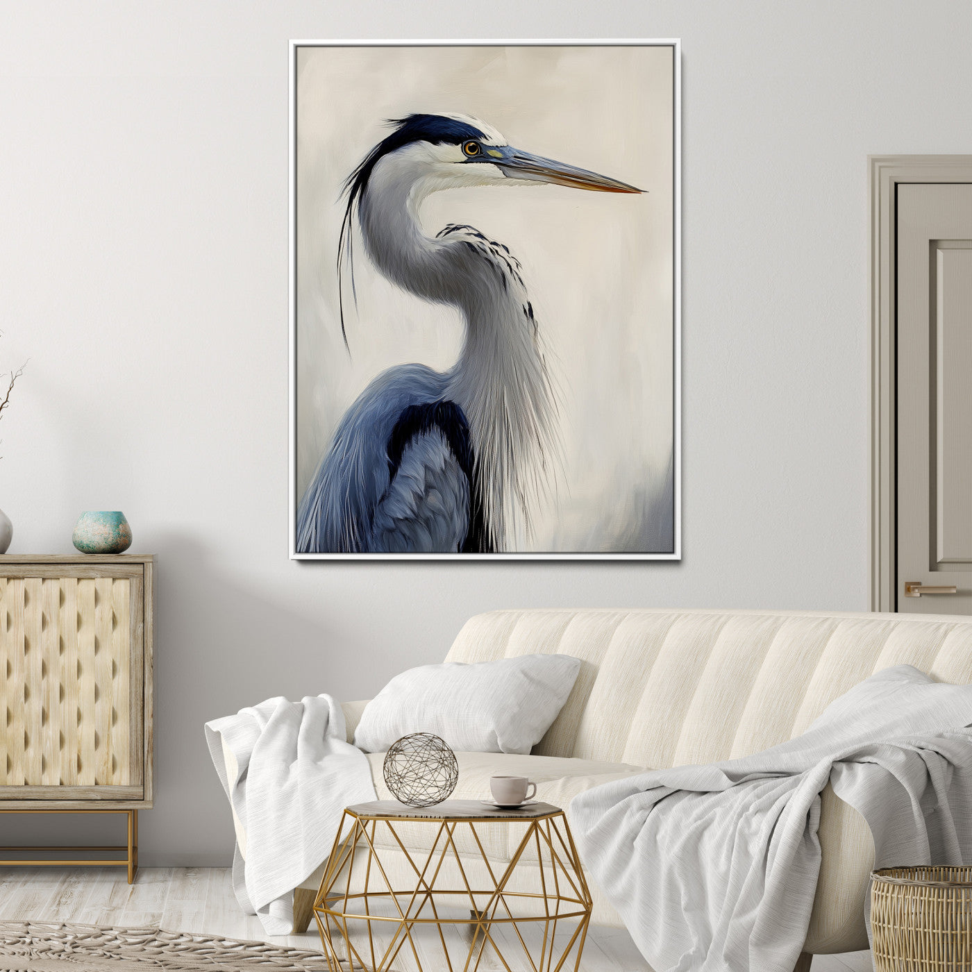 79581184-MGV-CV-24X36-Blue Heron Wall Art Canvas Print, Framed Elegant Wildlife Art Picture Print, Minimalist Bird Theme Perfect Coastal Minimalist