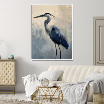 68368019-MGV-CV-24X36-Blue Heron Art Wall Art Canvas Print, Framed Crane Bird Painting Art Picture Print, Elegant Wildlife Scene Perfect Coastal