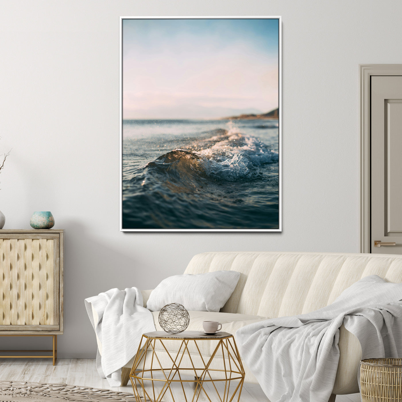 65283502-MGV-CV-24X36-Ocean Waves Wall Art Canvas Print, Framed Coastal Serenity Art Picture Print, Golden Hour Perfect Modern Coastal Decor Artwork
