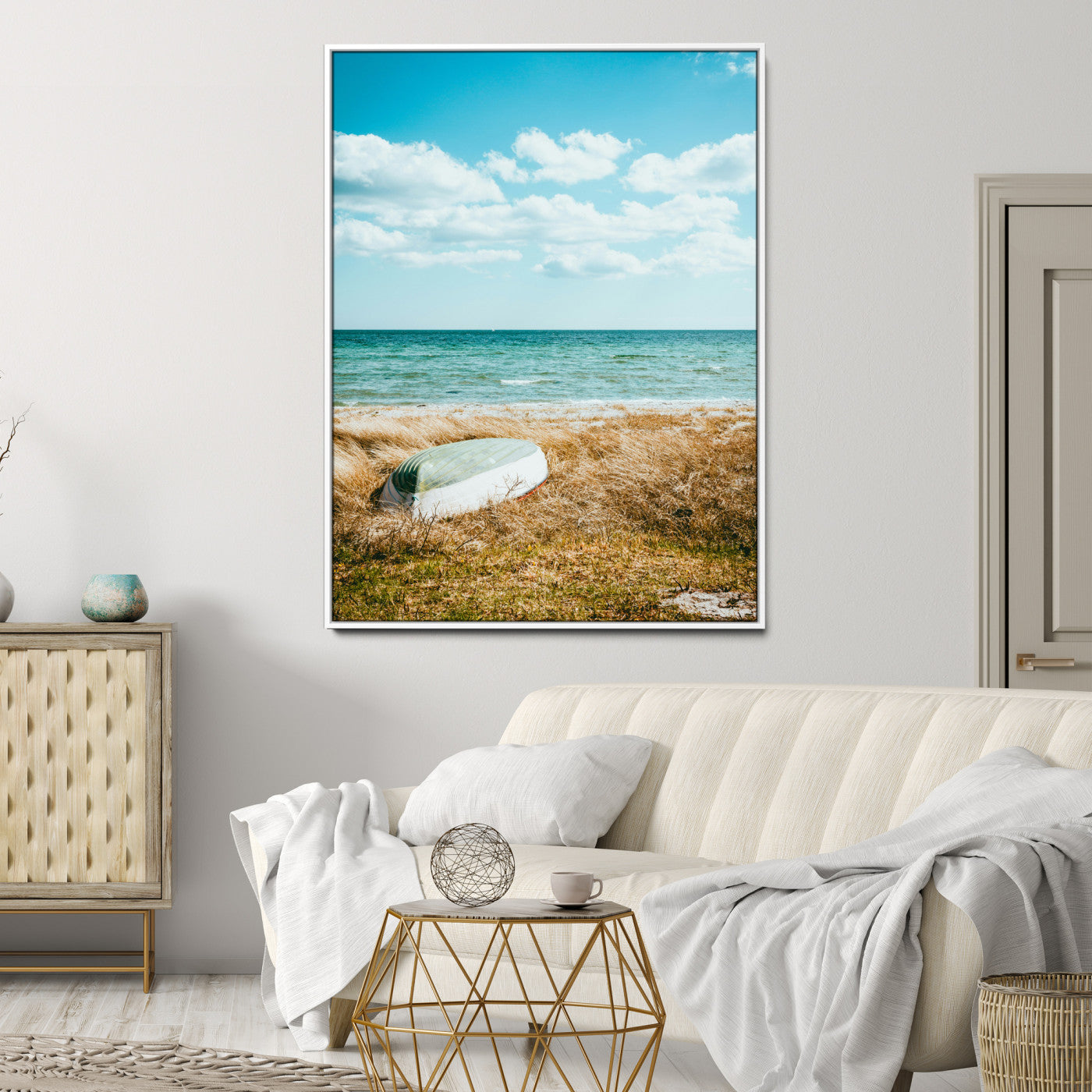 21725303-MGV-CV-24X36-Coastal Serenity Wall Art Canvas Print, Framed Ocean View Art Picture Print, Rustic Boat Perfect Nautical Coastal Decor Artwork