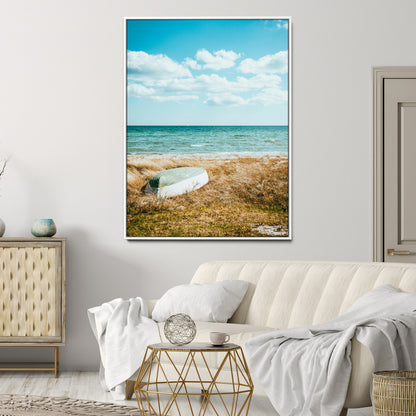 21725303-MGV-CV-24X36-Coastal Serenity Wall Art Canvas Print, Framed Ocean View Art Picture Print, Rustic Boat Perfect Nautical Coastal Decor Artwork