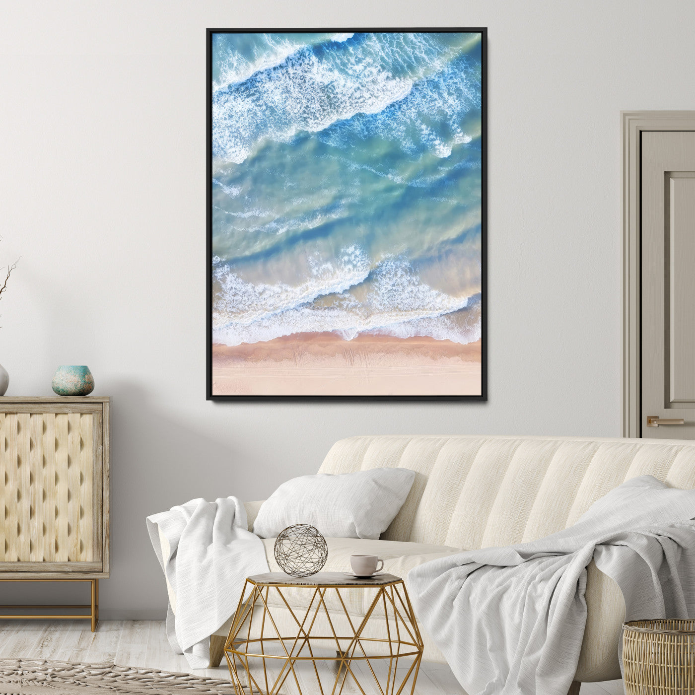 81208260-MGV-CV-24X36-Aerial Ocean Wall Art Canvas Print, Framed Blue Waves Art Picture Print, Sandy Shoreline Perfect Modern Coastal Decor Artwork