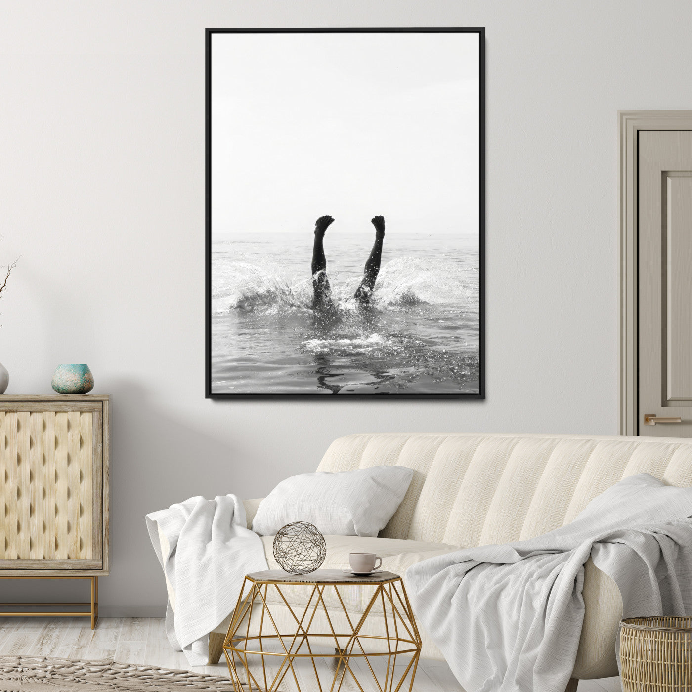 43900465-MGV-CV-24X36-Minimal Ocean Wall Art Canvas Print, Framed Monochrome Diving Art Picture Print, Swimmer in Sea Perfect Minimalist Coastal Decor