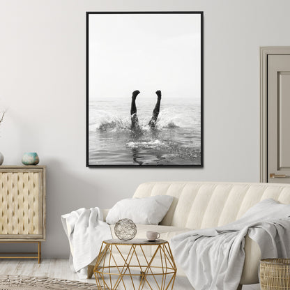 43900465-MGV-CV-24X36-Minimal Ocean Wall Art Canvas Print, Framed Monochrome Diving Art Picture Print, Swimmer in Sea Perfect Minimalist Coastal Decor