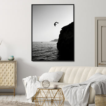99497106-MGV-CV-24X36-Cliff Jumping Wall Art Canvas Print, Framed Black White Ocean Art Picture Print, Monochrome Cliff Perfect Minimalist Adventure