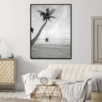 78460277-MGV-CV-24X36-Black White Palms Wall Art Canvas Print, Framed Beach Swing Art Picture Print, Monochrome Coastal Perfect Minimalist Coastal Decor