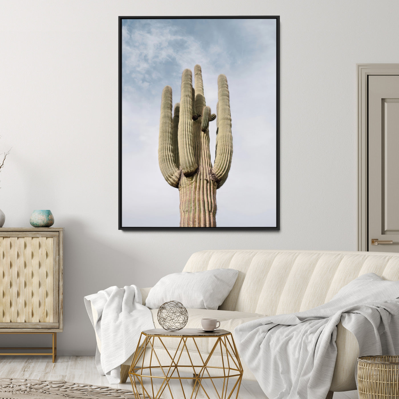 44868276-MGV-CV-24X36-Saguaro Cactus Wall Art Canvas Print, Framed Earthy Desert Art Picture Print, Warm Botanical Perfect Southwestern Boho Decor