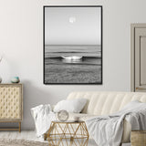 96234442-MGV-CV-24X36-Black White Ocean Scene Wall Art Canvas Print, Framed Full Moon Over Sea Art Picture Print, Tranquil Coastal Canvas Perfect