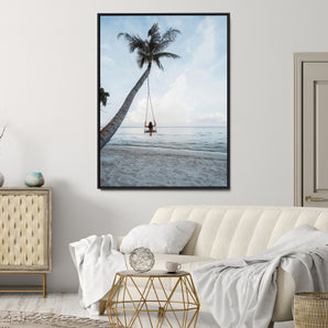 86062249-MGV-CV-24X36-Tropical Swing Wall Art Canvas Print, Framed Ocean Horizon Art Picture Print, Palm Trees Perfect Tropical Minimalist Decor Artwork