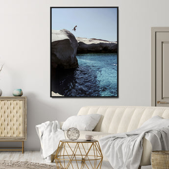 96853328-MGV-CV-24X36-Cliff Diving Wall Art Canvas Print, Framed Turquoise Sea Art Picture Print, Ocean Adventure Perfect Coastal Minimalist Decor