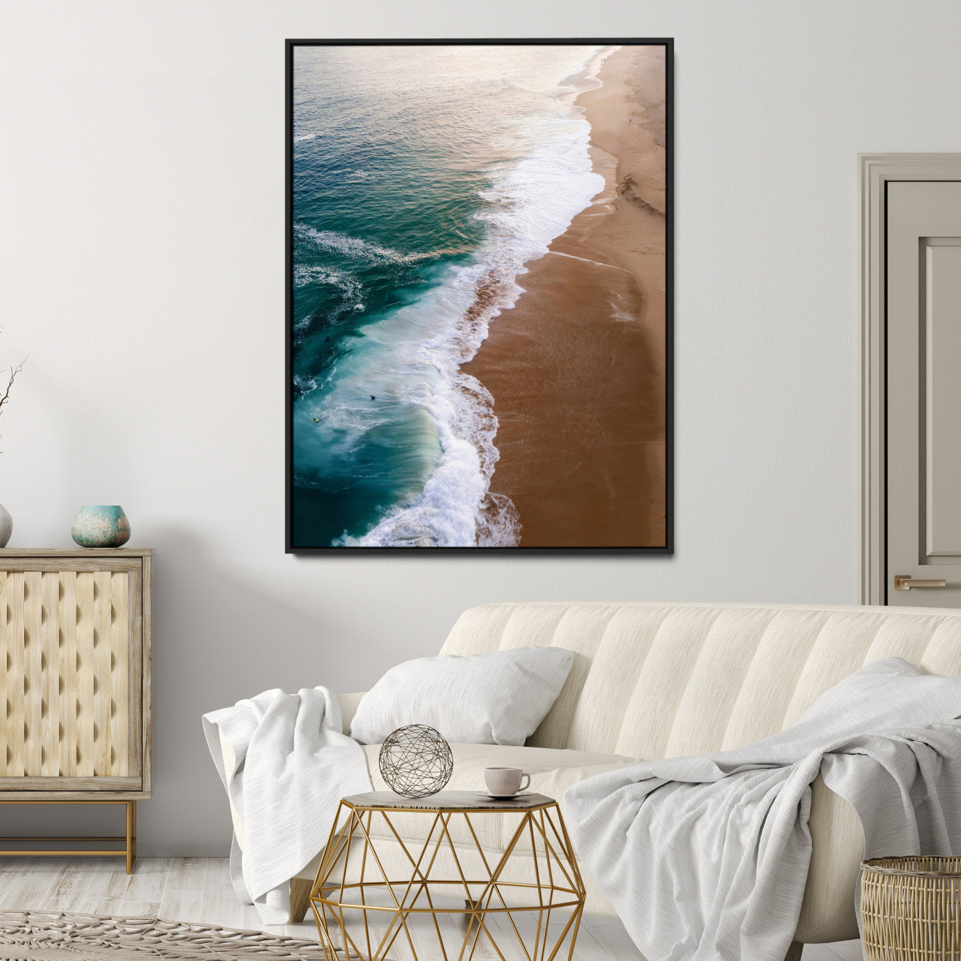 46042804-MGV-CV-24X36-Aerial Beach Wall Art Canvas Print, Framed Coastal Waves Art Picture Print, Turquoise Ocean Perfect Modern Coastal Decor Artwork