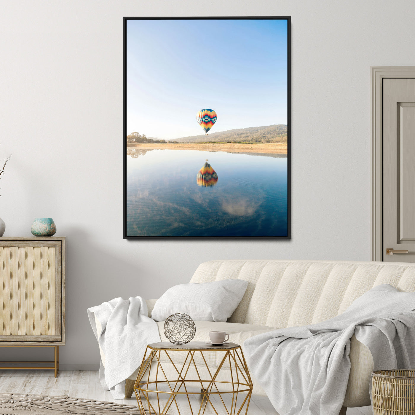 98091684-MGV-CV-24X36-Hot Air Balloon Wall Art Canvas Print, Framed Flight Reflection Art Picture Print, Peaceful Lakeside Perfect Modern Minimalist