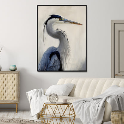 79581184-MGV-CV-24X36-Blue Heron Wall Art Canvas Print, Framed Elegant Wildlife Art Picture Print, Minimalist Bird Theme Perfect Coastal Minimalist