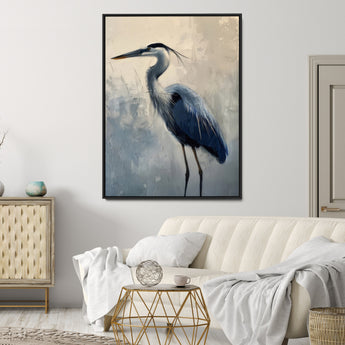 68368019-MGV-CV-24X36-Blue Heron Art Wall Art Canvas Print, Framed Crane Bird Painting Art Picture Print, Elegant Wildlife Scene Perfect Coastal
