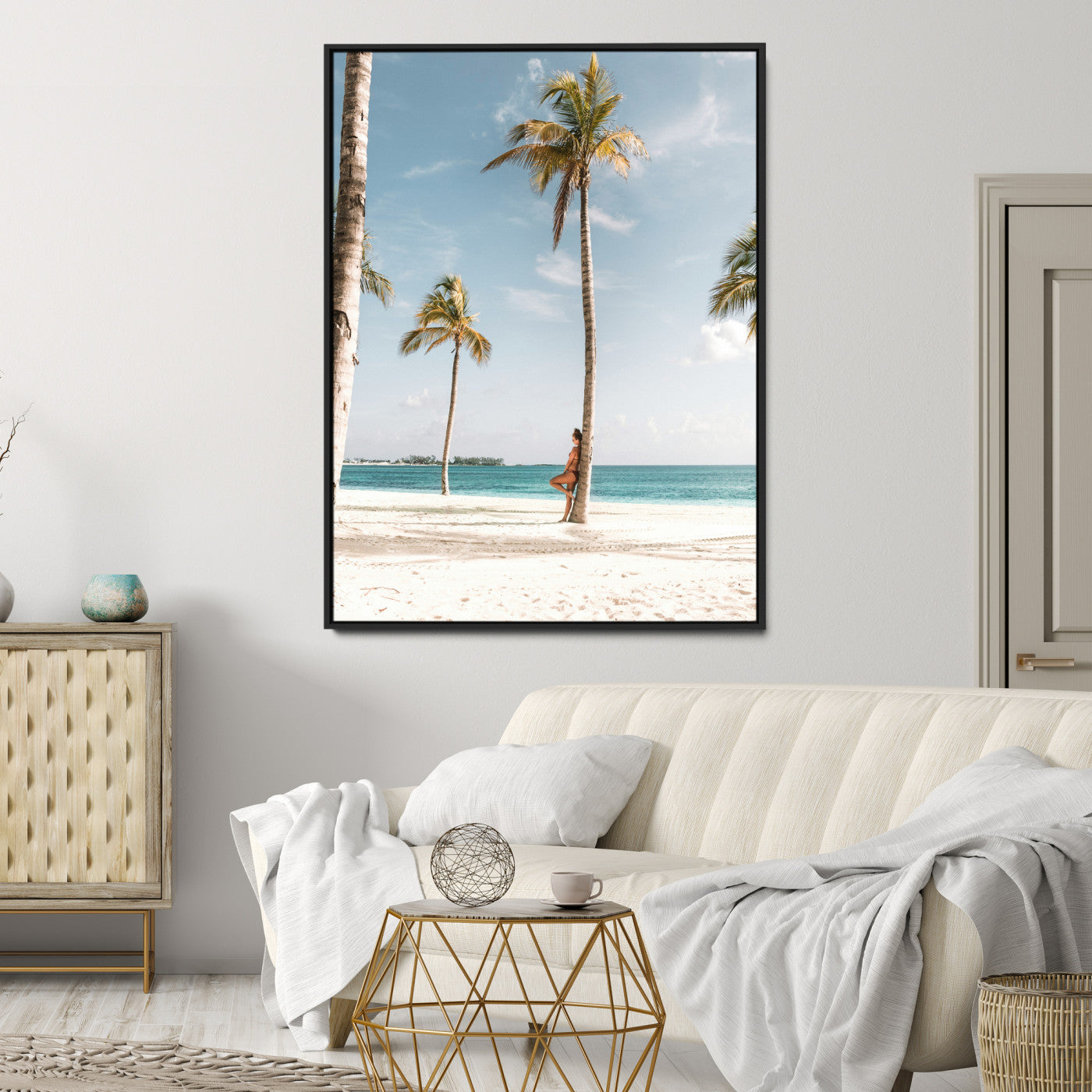 27750035-MGV-CV-24X36-Tropical Beach Scene Wall Art Canvas Print, Framed Palm Tree Photography Art Picture Print, Island Paradise Decor Perfect Coastal