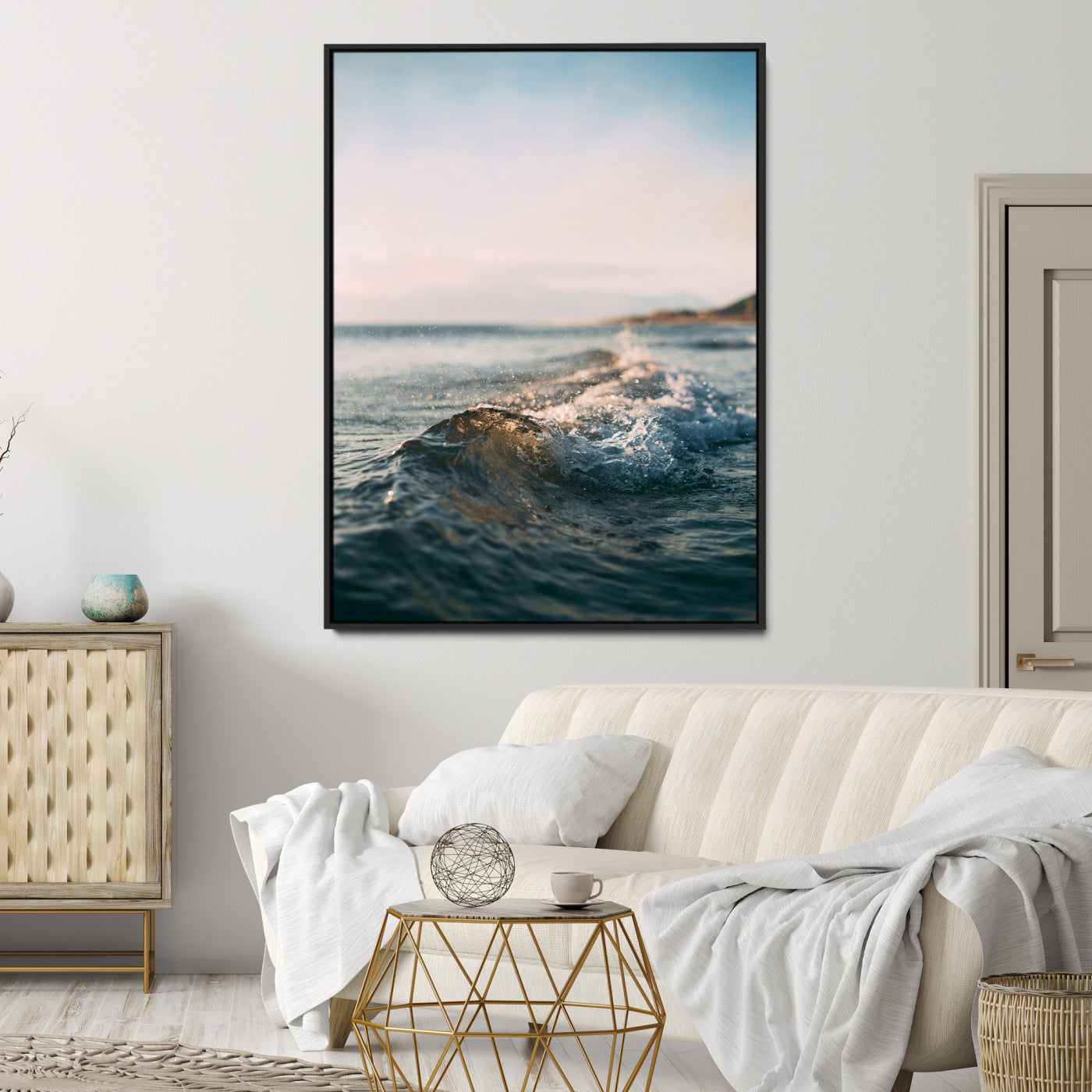 65283502-MGV-CV-24X36-Ocean Waves Wall Art Canvas Print, Framed Coastal Serenity Art Picture Print, Golden Hour Perfect Modern Coastal Decor Artwork