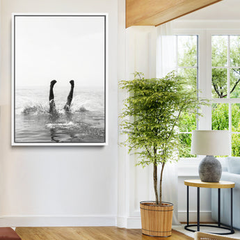 43900465-MGV-FC-24X36-Minimal Ocean Wall Art Canvas Print, Framed Monochrome Diving Art Picture Print, Swimmer in Sea Perfect Minimalist Coastal Decor