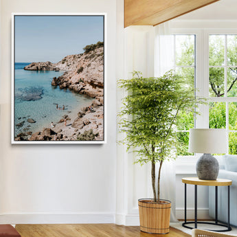 97854283-MGV-FC-24X36-Turquoise Cove Wall Art Canvas Print, Framed Ibiza Beach Art Picture Print, Mediterranean Shore Perfect Boho Coastal Decor Artwork