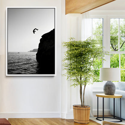 99497106-MGV-FC-24X36-Cliff Jumping Wall Art Canvas Print, Framed Black White Ocean Art Picture Print, Monochrome Cliff Perfect Minimalist Adventure