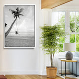 78460277-MGV-FC-24X36-Black White Palms Wall Art Canvas Print, Framed Beach Swing Art Picture Print, Monochrome Coastal Perfect Minimalist Coastal Decor