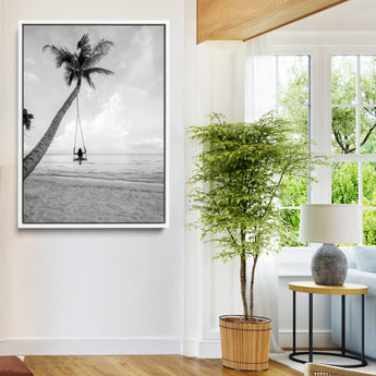 78460277-MGV-FC-24X36-Black White Palms Wall Art Canvas Print, Framed Beach Swing Art Picture Print, Monochrome Coastal Perfect Minimalist Coastal Decor