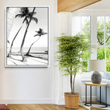 50406026-MGV-FC-24X36-Black White Palms Wall Art Canvas Print, Framed Tropical Beach Art Picture Print, Minimalist Coastal Perfect Coastal Minimalist