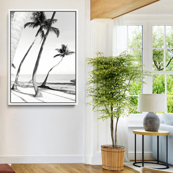 50406026-MGV-FC-24X36-Black White Palms Wall Art Canvas Print, Framed Tropical Beach Art Picture Print, Minimalist Coastal Perfect Coastal Minimalist