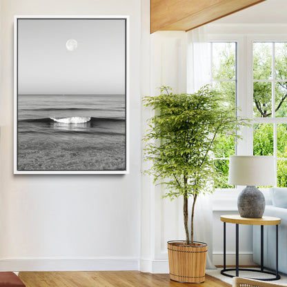96234442-MGV-FC-24X36-Black White Ocean Scene Wall Art Canvas Print, Framed Full Moon Over Sea Art Picture Print, Tranquil Coastal Canvas Perfect