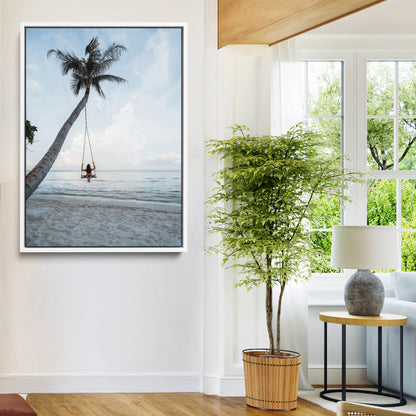 86062249-MGV-FC-24X36-Tropical Swing Wall Art Canvas Print, Framed Ocean Horizon Art Picture Print, Palm Trees Perfect Tropical Minimalist Decor Artwork