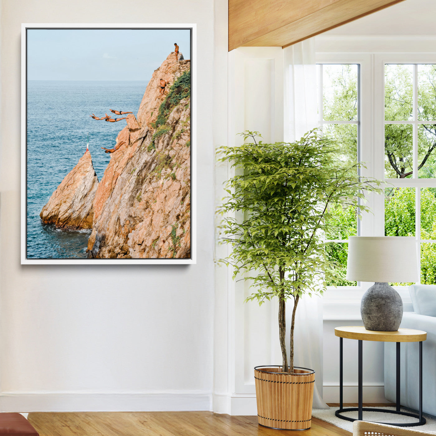 74527880-MGV-FC-24X36-Cliff Divers Wall Art Canvas Print, Framed Ocean Adventure Art Picture Print, Coastal Movement Perfect Adventurous Coastal Decor